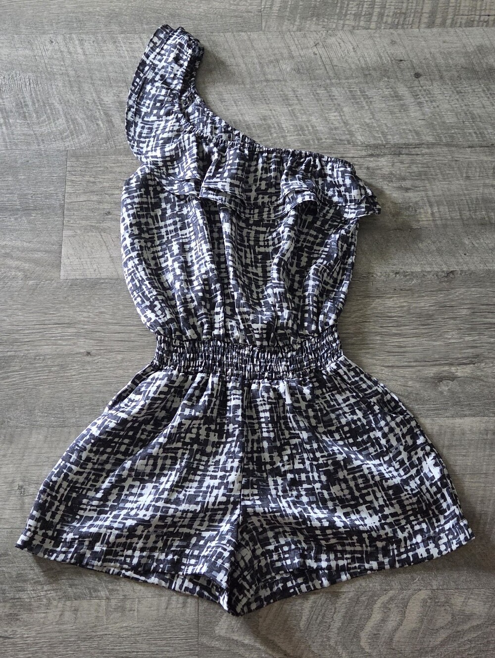 Papaya Black and Cream One Shoulder Romper.